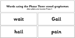 Words using the phase 3 vowel graphemes